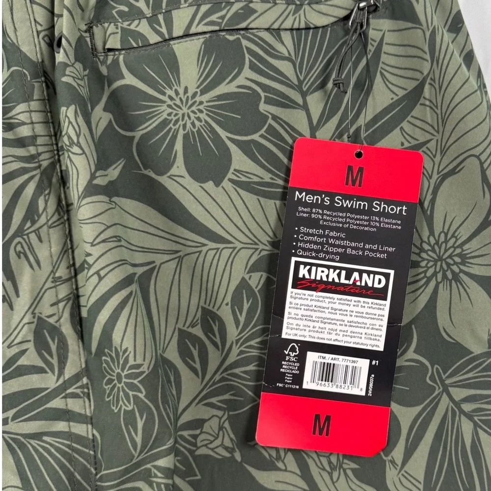 Kirkland Mens M Swim Trunks Shorts Green Tropical Floral Stretch‎ Quick Dry NWT